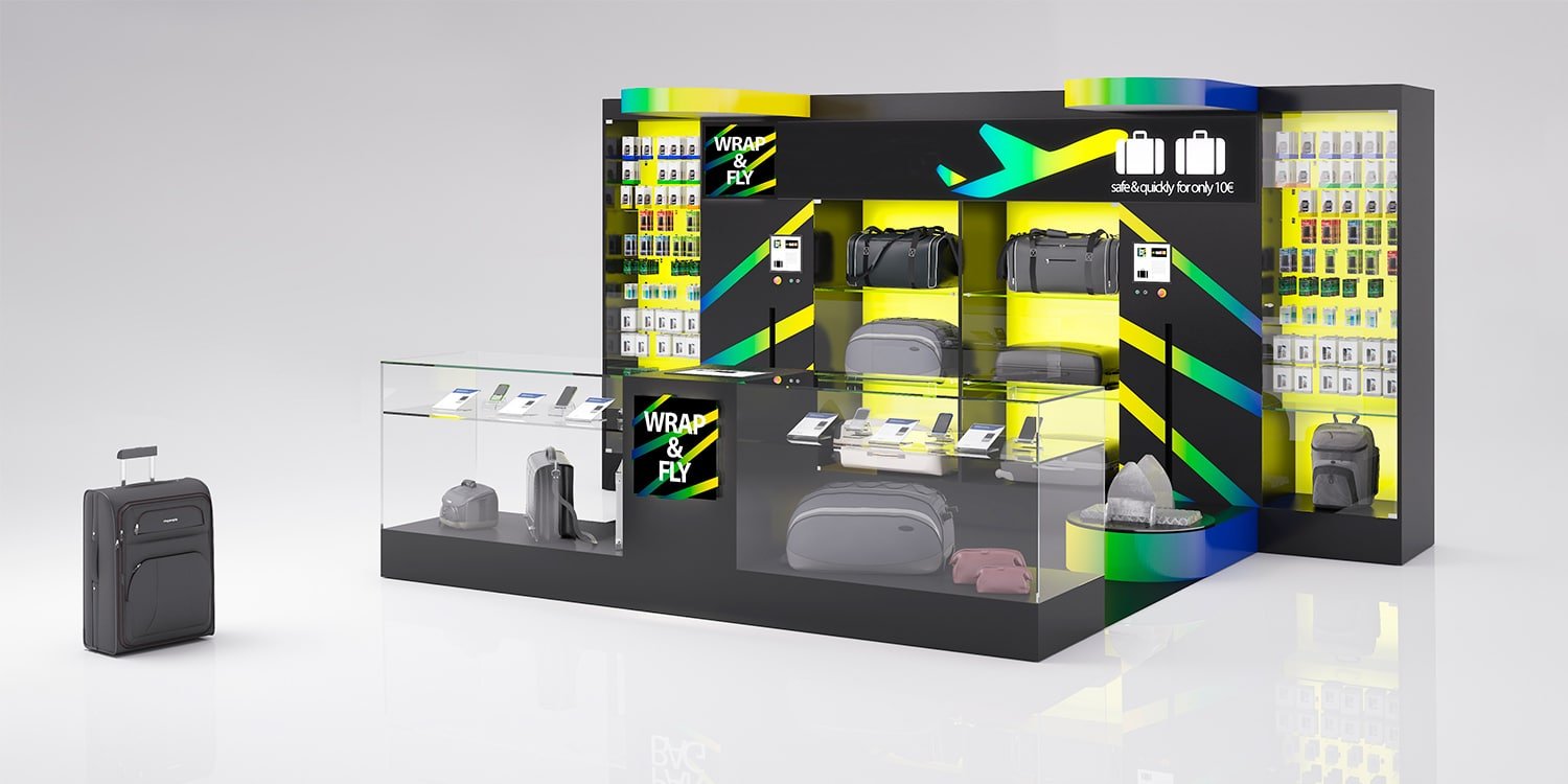display mockup for Wrap and Fly showing how a kiosk in an airport would look.