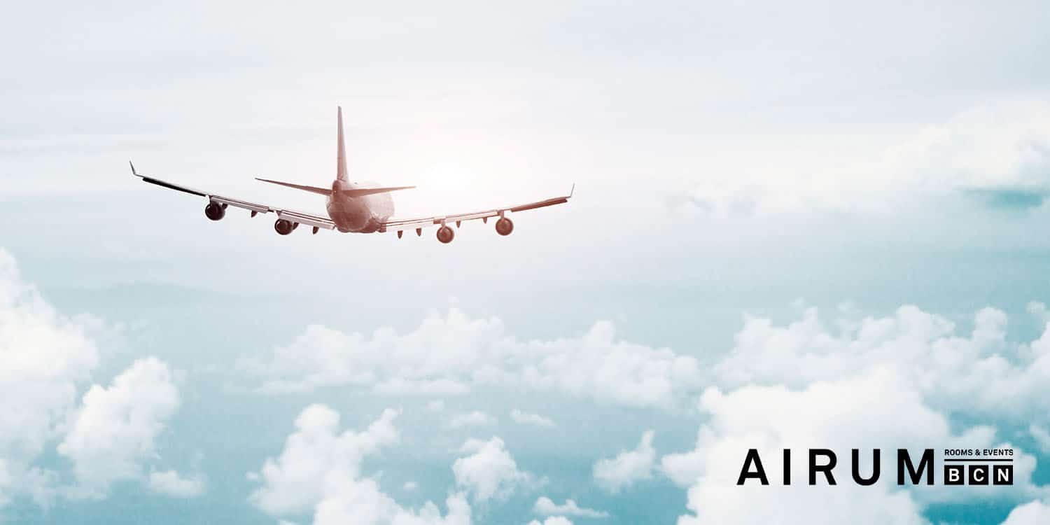 Airum BCN brand graphic featuring an aircraft above the clouds and the Rooms & Events logo in the lower-right corner.