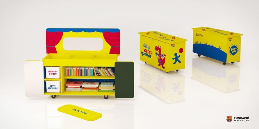 branding design mockup for a rolling playset. it is full of books and two bins