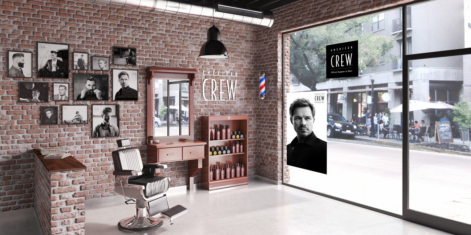 Interior design and 3D render of the “Crew Space”. A set design for the American Crew Barber Co. Corner model to apply to salons around the world. This was designed in the manner of an urban style barbers stand, and it works as such.