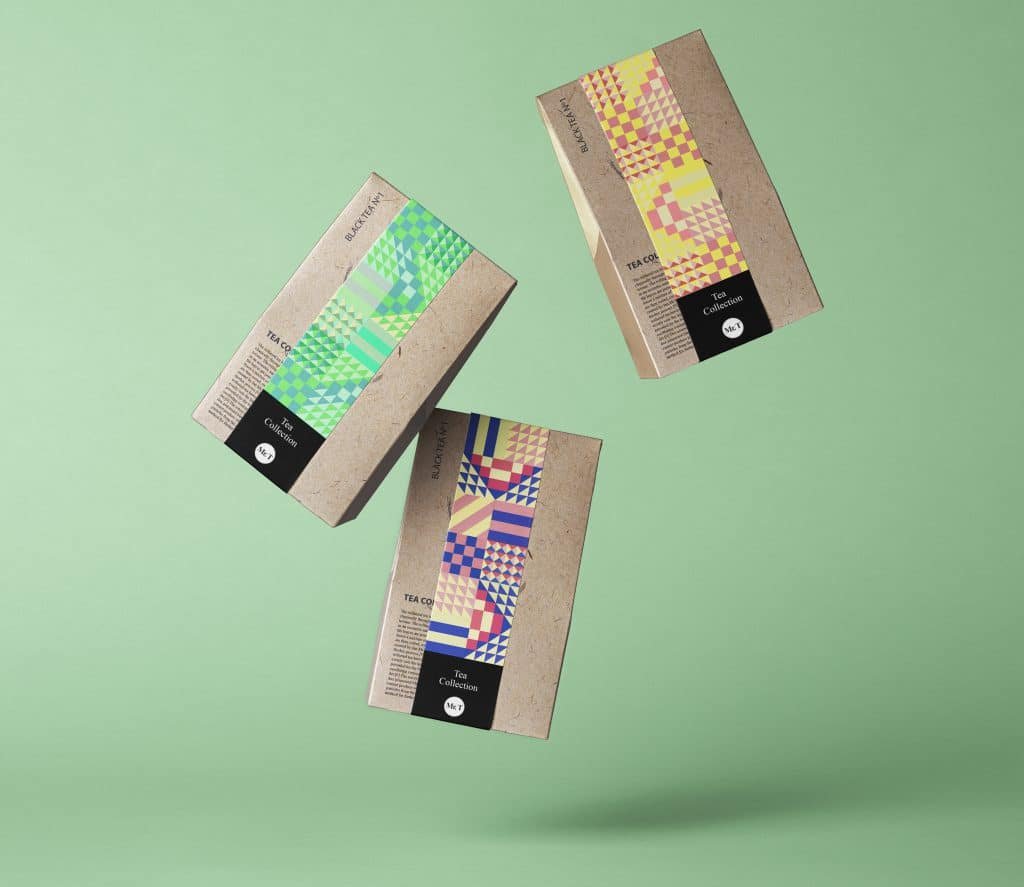 Mockup of branding for MR T showing 3 packages of tea displaying the graphic designs in different colors.