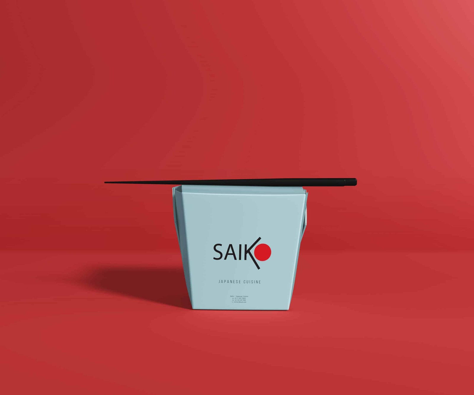 mockup of branding for a japanese restaurant for a box of noodles. stark red background matching the O in SAIKO. a set of chopsticks sit on top of the box.