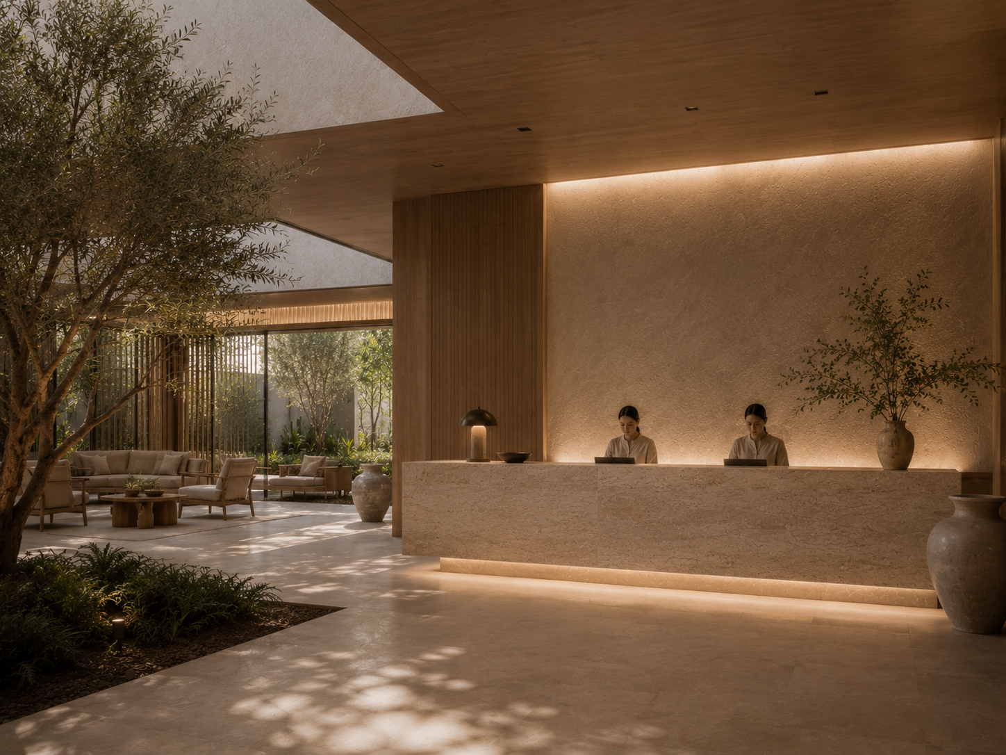 Mediterranean hotel reception with olive trees, natural materials and warm ambient lighting