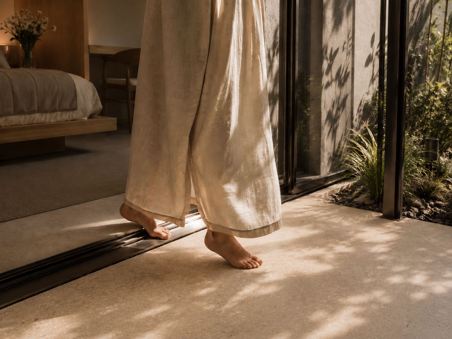 Guest stepping from a Mediterranean hotel room onto a private garden terrace