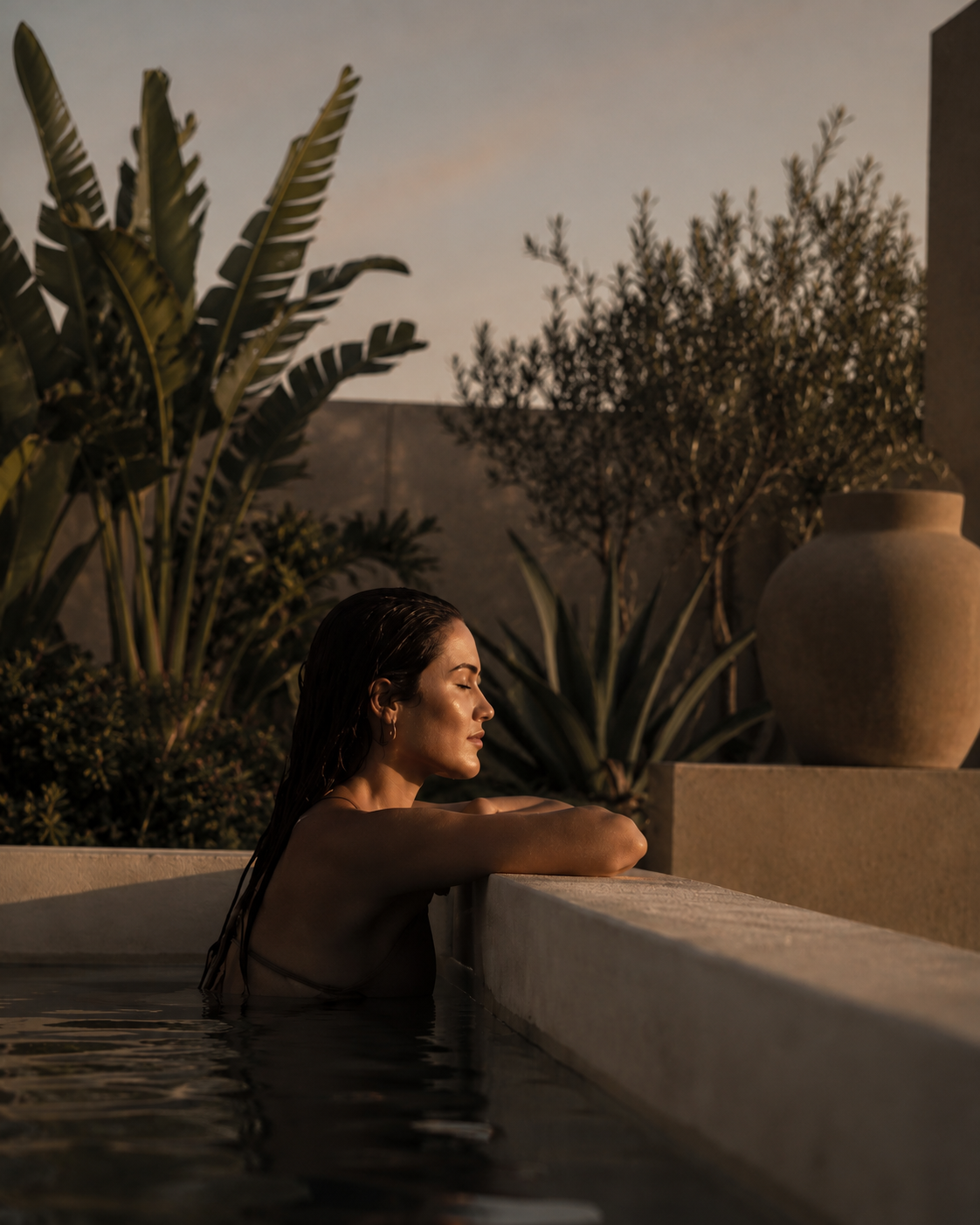 Guest relaxing in a Mediterranean hotel pool surrounded by lush landscaping