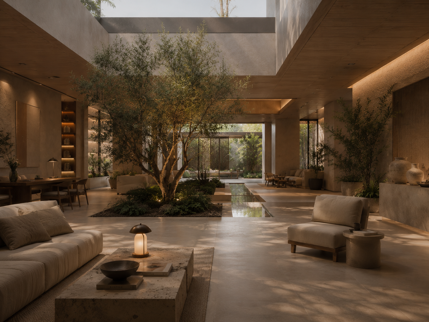 Mediterranean hotel lobby with olive trees, natural materials and integrated indoor landscaping