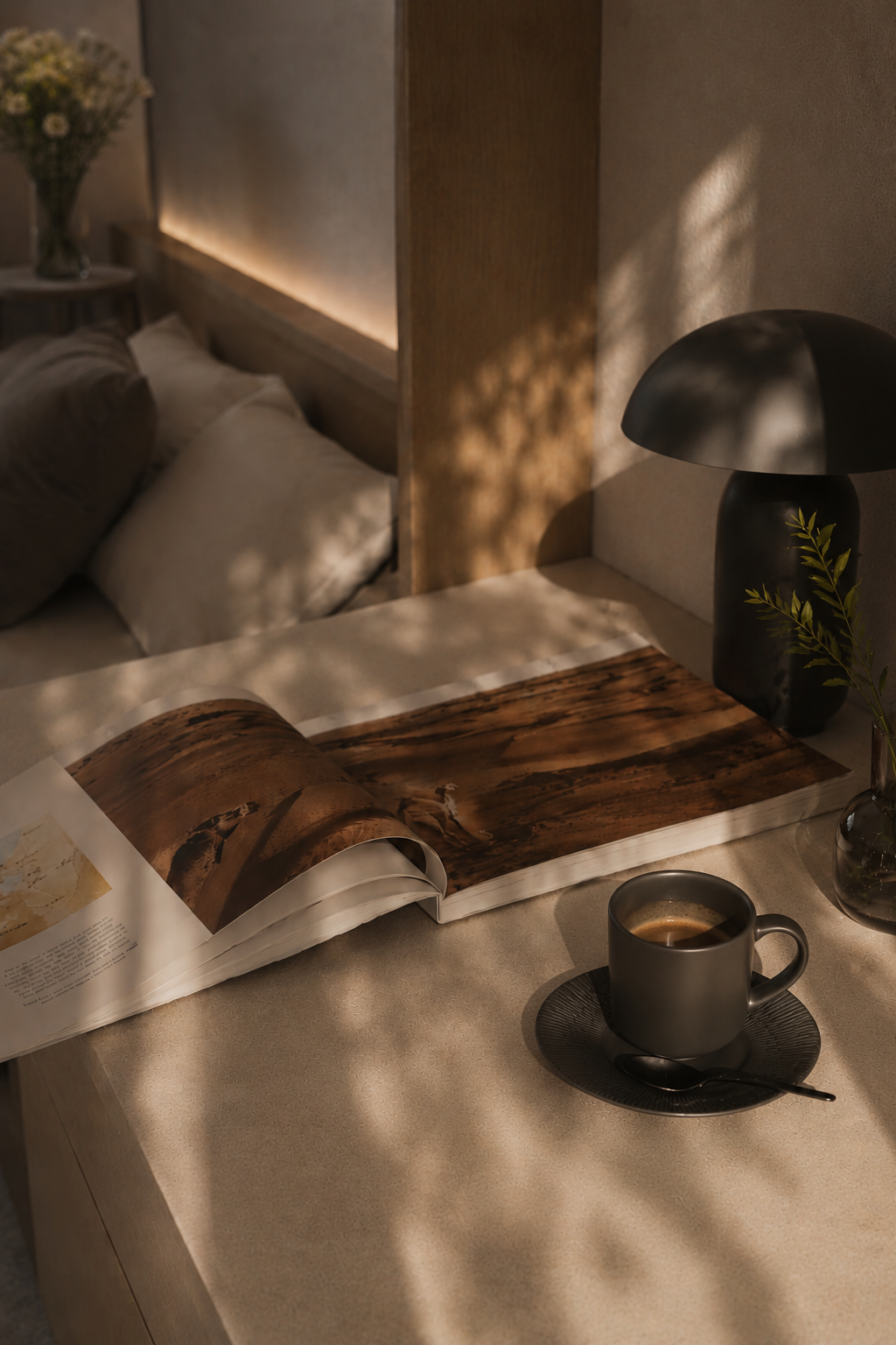 Coffee and design book in a Mediterranean hotel room with warm natural light