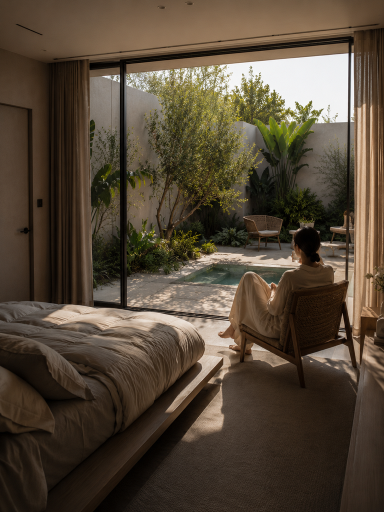 Mediterranean hotel guest room opening onto a private garden and pool