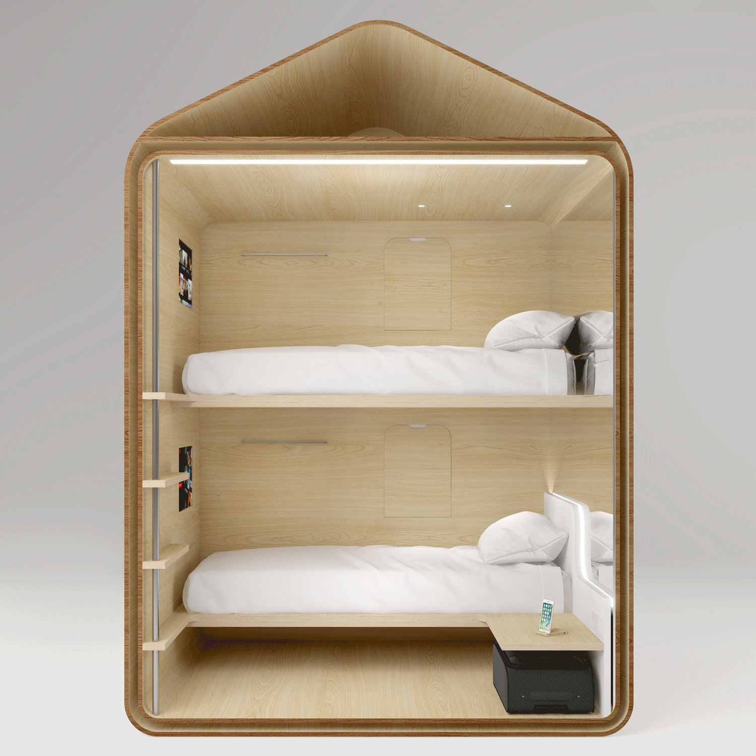 Cutaway render of a Duerming Box sleeping pod with two stacked beds, wood-finish interiors, integrated lighting and a luggage space.