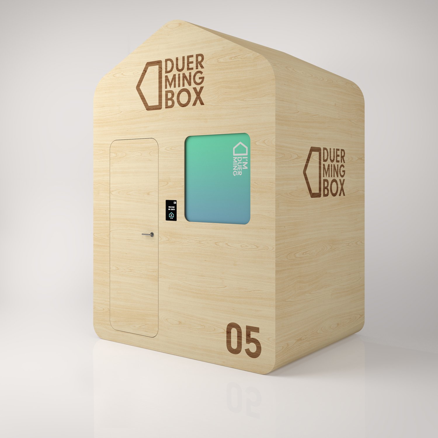 Exterior render of the Duerming Box sleeping capsule with rounded corners, pitched roof, flush door and turquoise window panel.