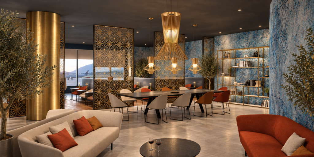 VIP airport lounge concept with dining and seating areas in blue and warm metallic finishes