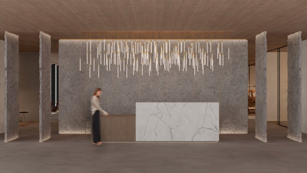 3D render of Premium VIP Lounge WD reception with a veined white counter, textured grey wall panels, timber ceiling and suspended light rods.