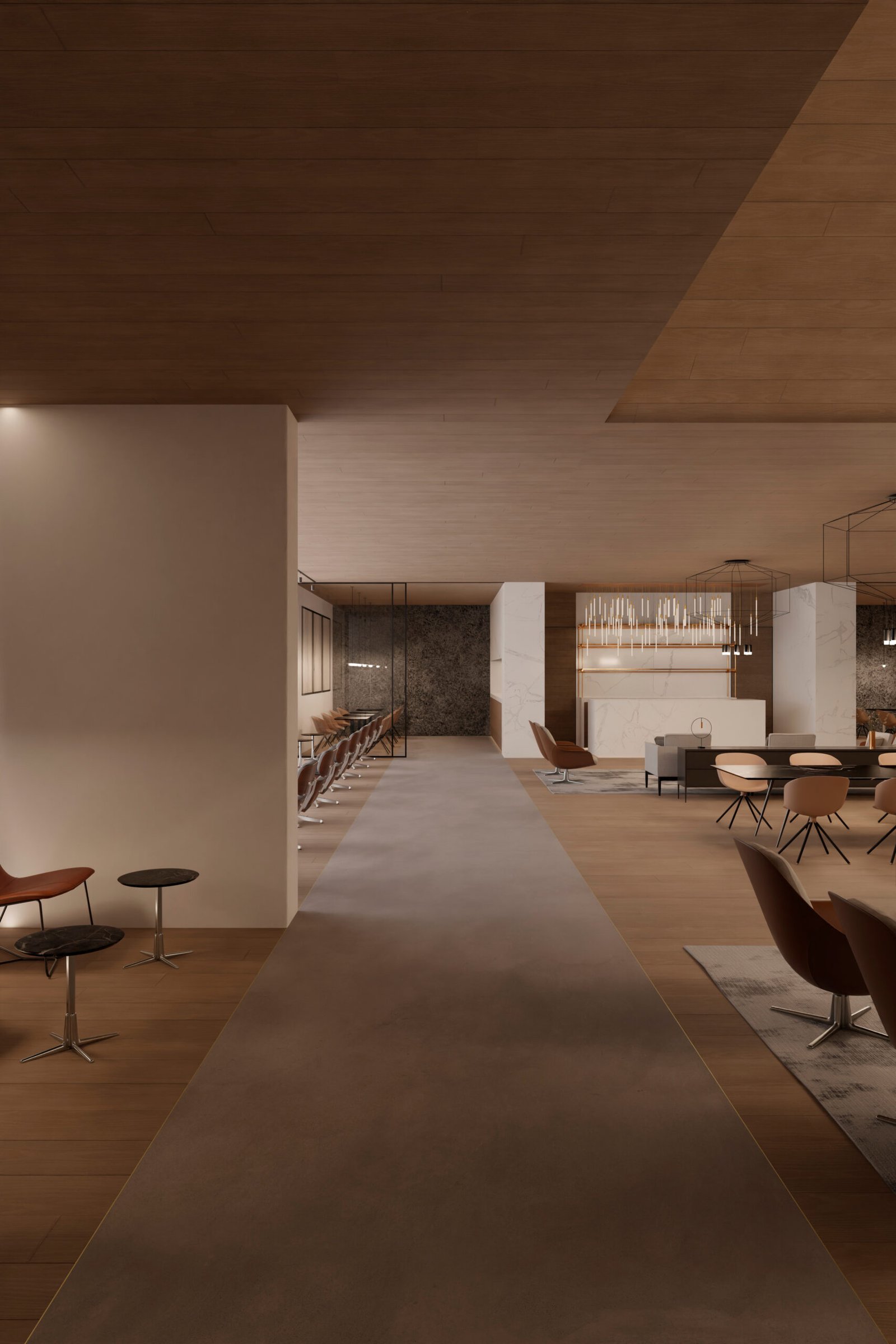 3D render of Premium VIP Lounge WD showing a long walkway between window seating, dining tables and lounge areas beneath a timber ceiling.
