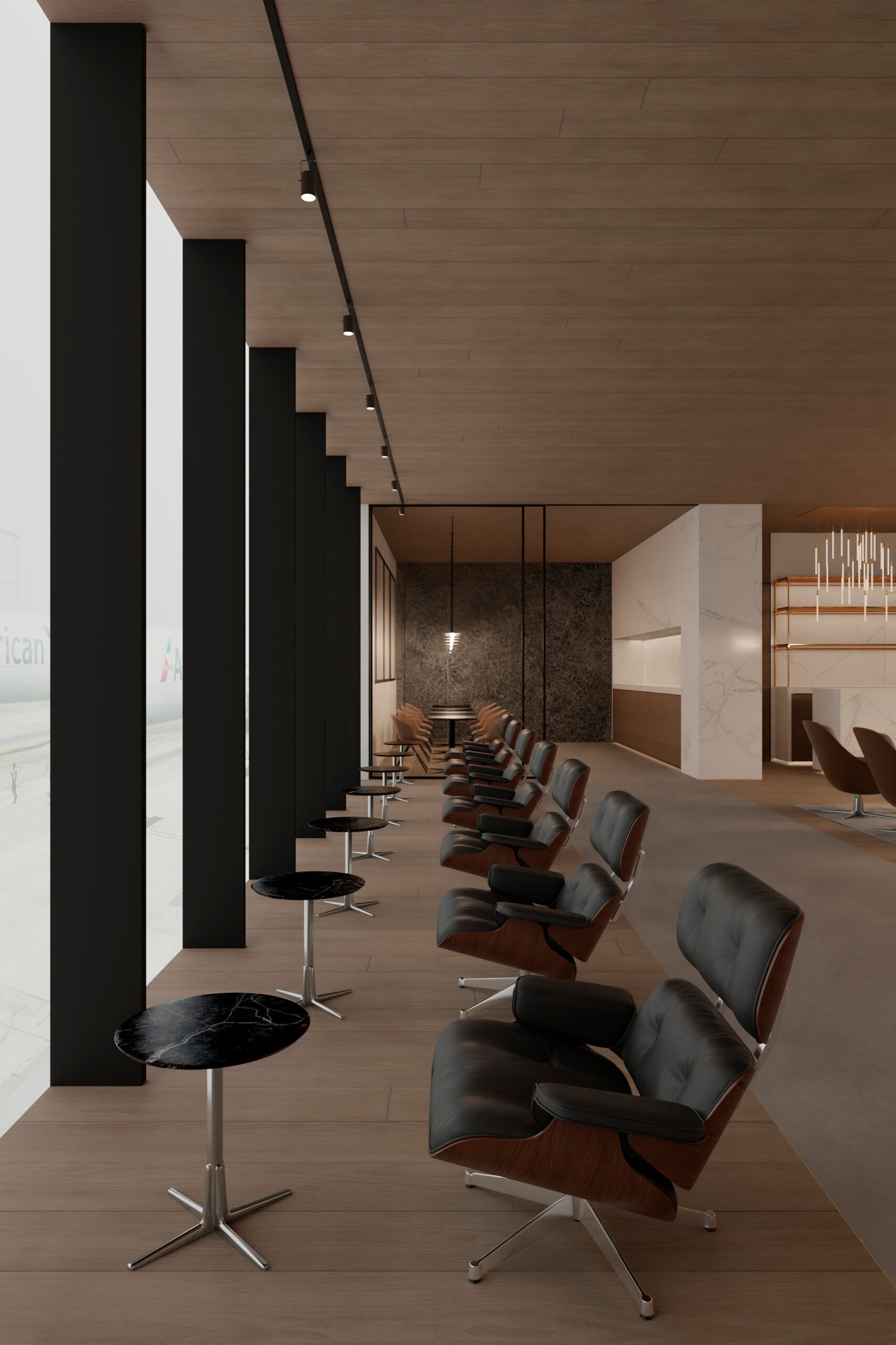 3D render of Premium VIP Lounge WD with a row of dark upholstered wood-shell armchairs and small black tables beside airport-facing windows.