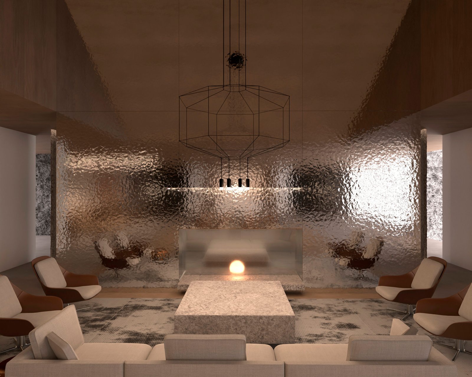 3D render of Premium VIP Lounge WD seating around a stone-look table and fireplace feature, backed by a textured metallic wall.
