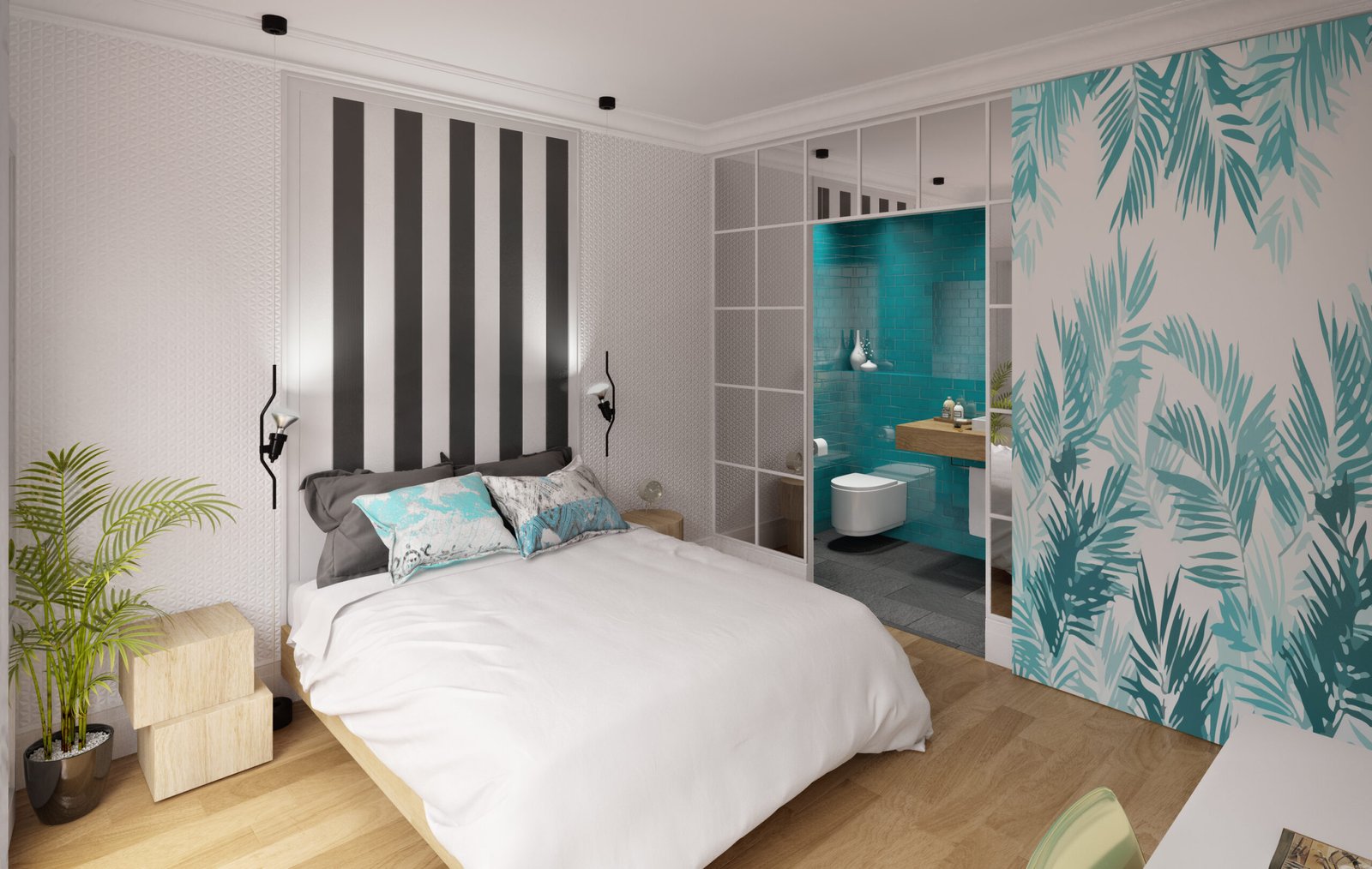 FIVE Urban Stay guest room interior by Indy Blue Studio, featuring a tropical patterned partition, turquoise bathroom, natural wood flooring and contemporary hotel furniture