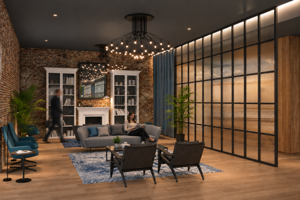 Passenger Lounge airport lounge interior by Indy Blue Studio, featuring comfortable seating, exposed brick walls, glass partitions, warm lighting and contemporary furniture