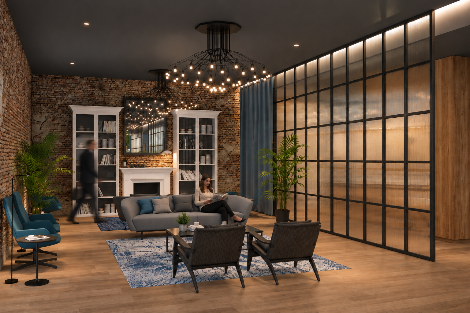 Passenger Lounge airport lounge interior by Indy Blue Studio, featuring comfortable seating, exposed brick walls, glass partitions, warm lighting and contemporary furniture