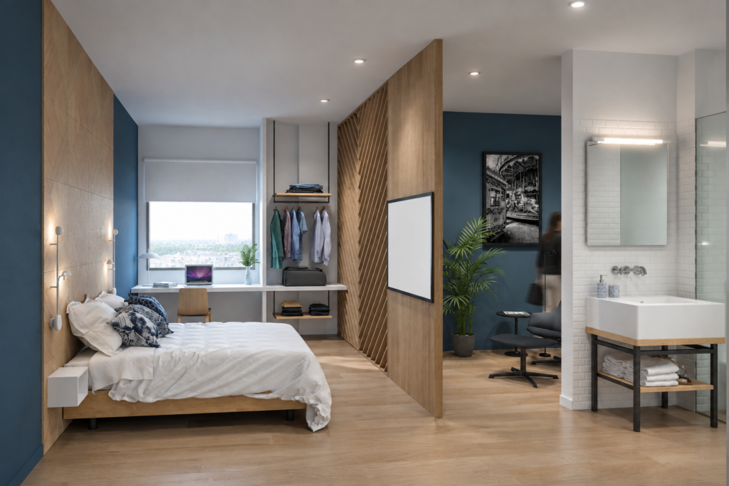 Hotel room concept by Indy Blue Studio with a bed, workspace, timber partition, lounge seating and open bathroom