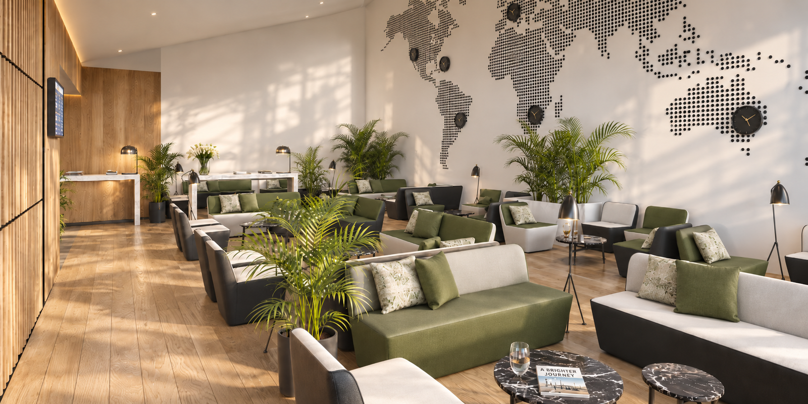 VIP airport lounge interior with biophilic design by Indy Blue Studio