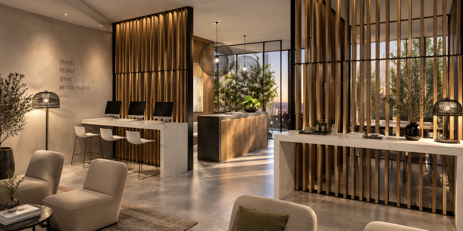 Premium VIP airport lounge interior with reception and work areas by Indy Blue Studio