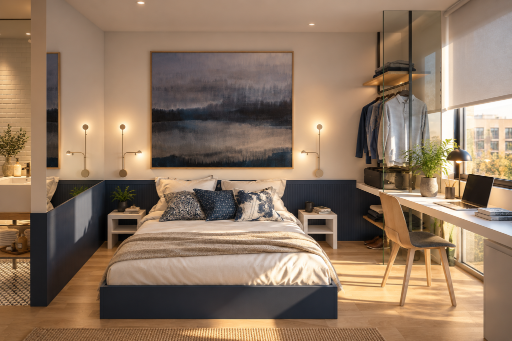 AIRUM airport hospitality guest room with bed, workspace and open wardrobe by Indy Blue Studio