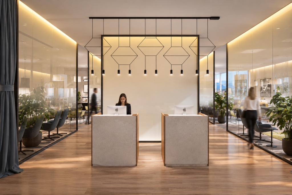 VIP airport lounge reception with twin desks and geometric pendant lighting by Indy Blue Studio