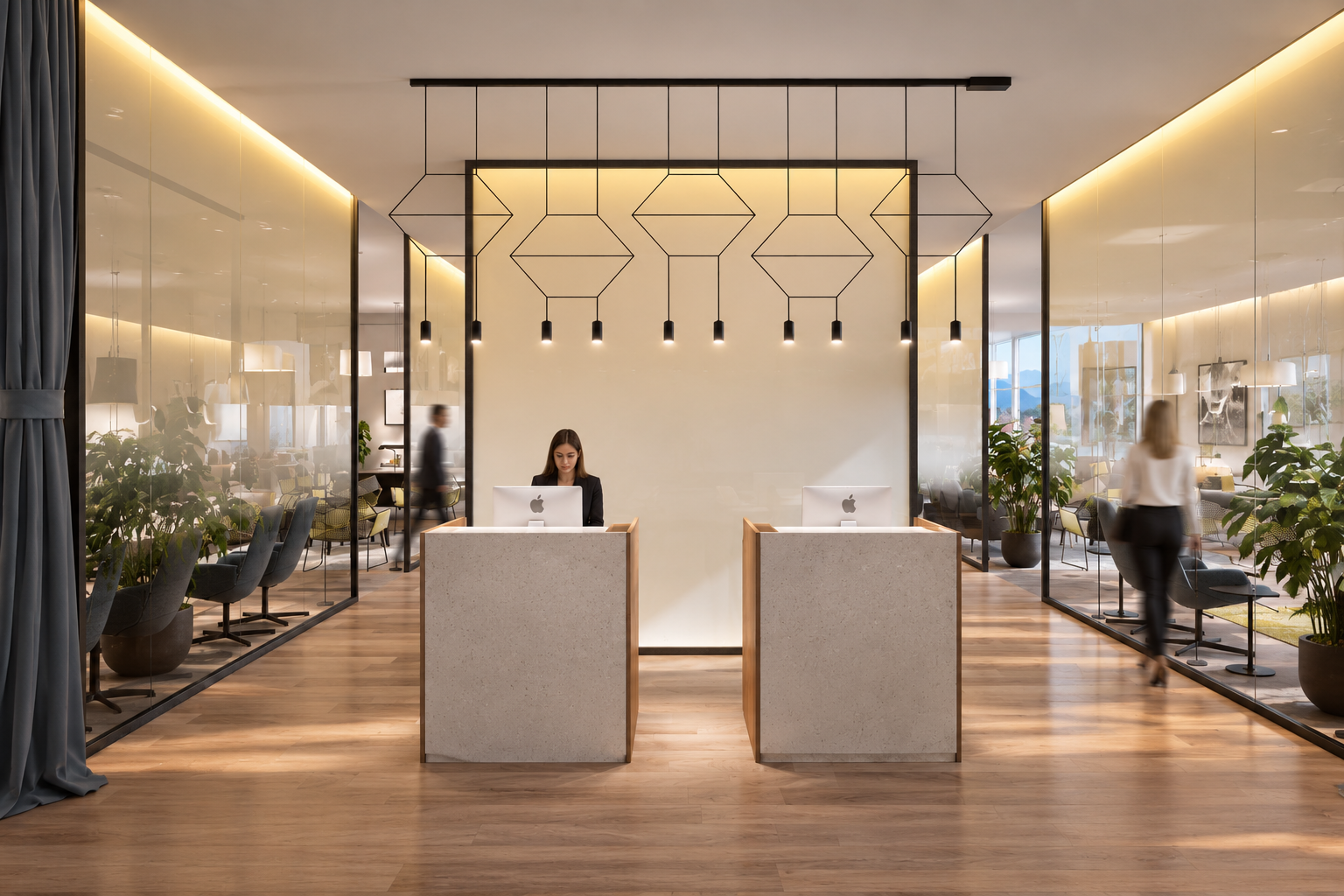 VIP airport lounge reception with twin desks and geometric pendant lighting by Indy Blue Studio