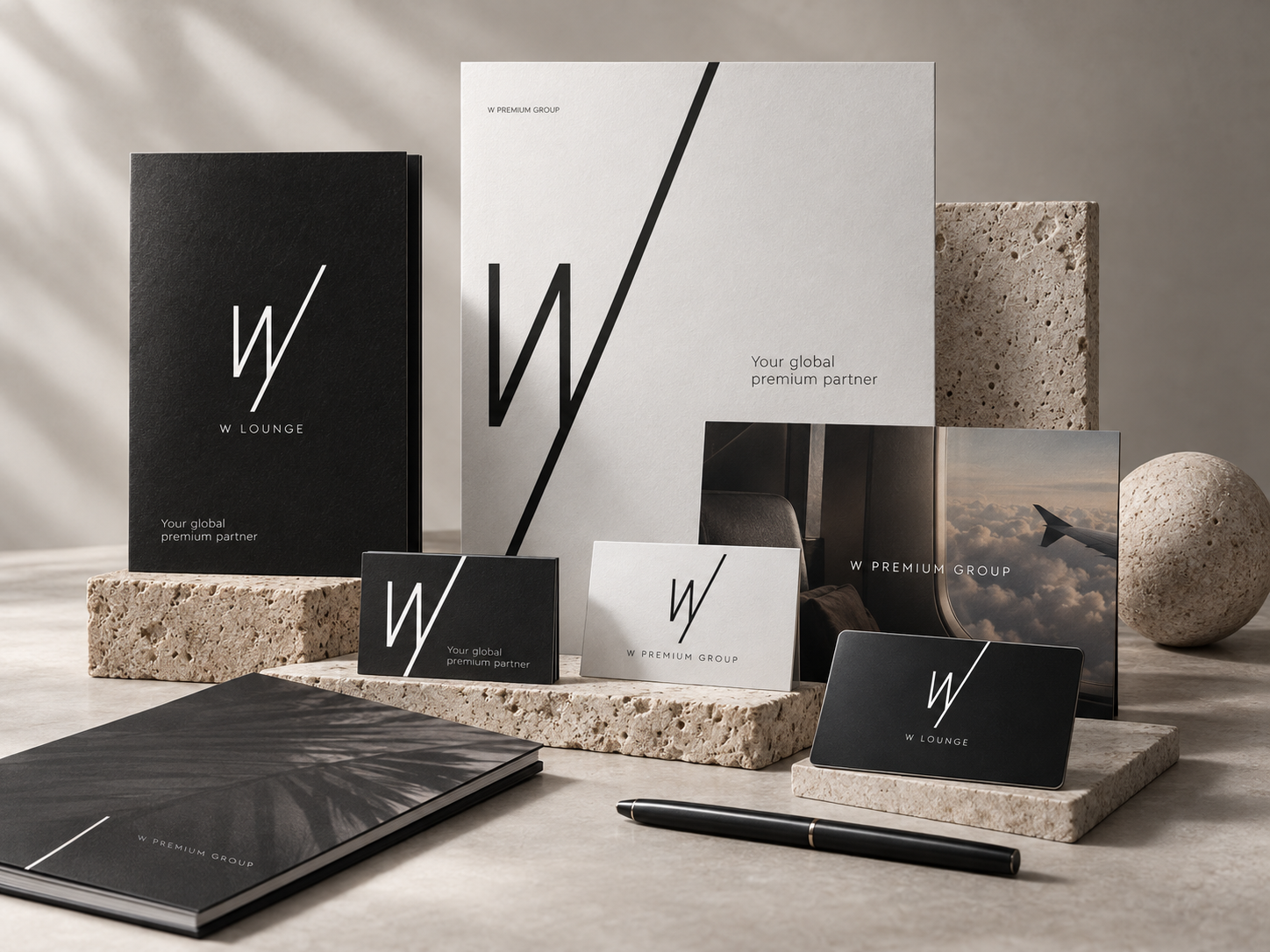 W Premium Group and W Lounge branding on brochures, business cards and a dark access card arranged with textured stone props.