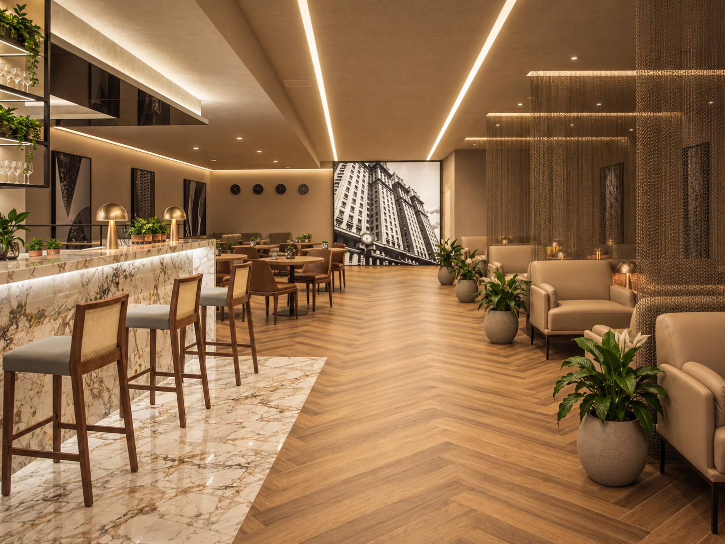 W Premium Lounge interior with bar, dining and seating areas by Indy Blue Studio
