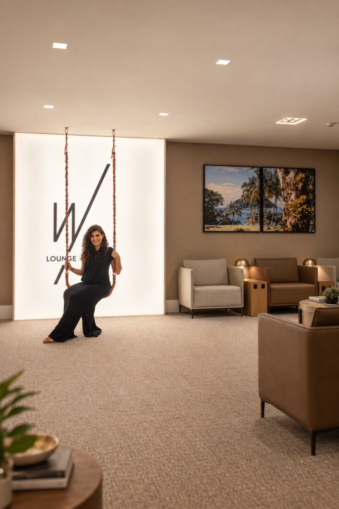 W Premium Lounge seating area with branded feature wall by Indy Blue Studio