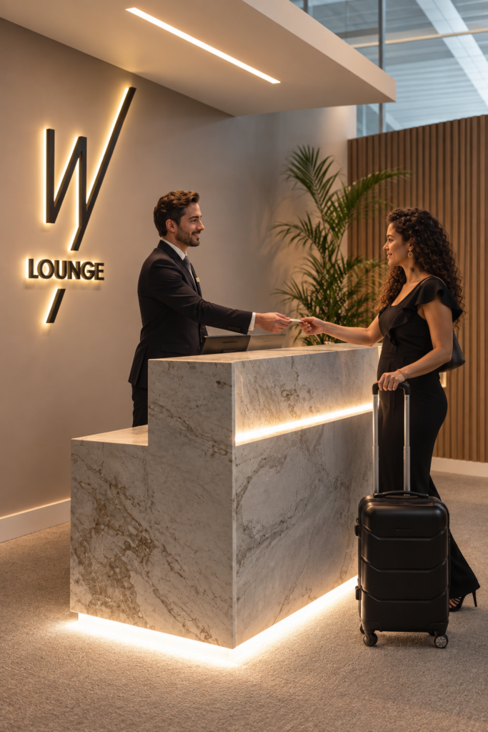 W Premium Lounge reception with branded logo by Indy Blue Studio