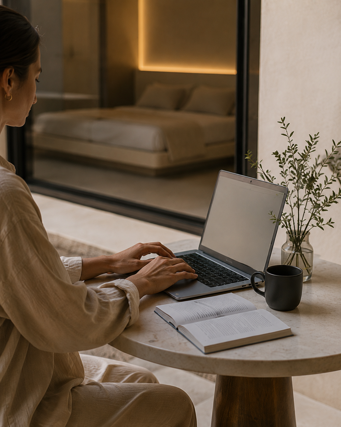 Hotel guest working on a laptop in a premium hotel room with private terrace