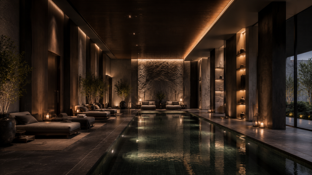 Luxury hotel indoor pool and wellness area with lounge seating and atmospheric lighting