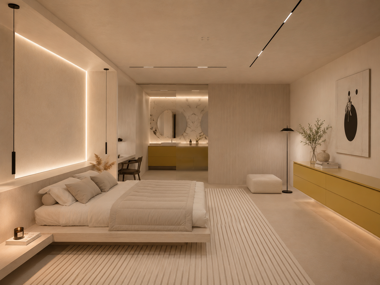 Premium hotel guest room interior with minimalist design, bespoke furniture and integrated lighting