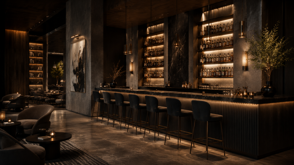 Luxury hotel cocktail bar interior with backlit shelving and bespoke bar seating