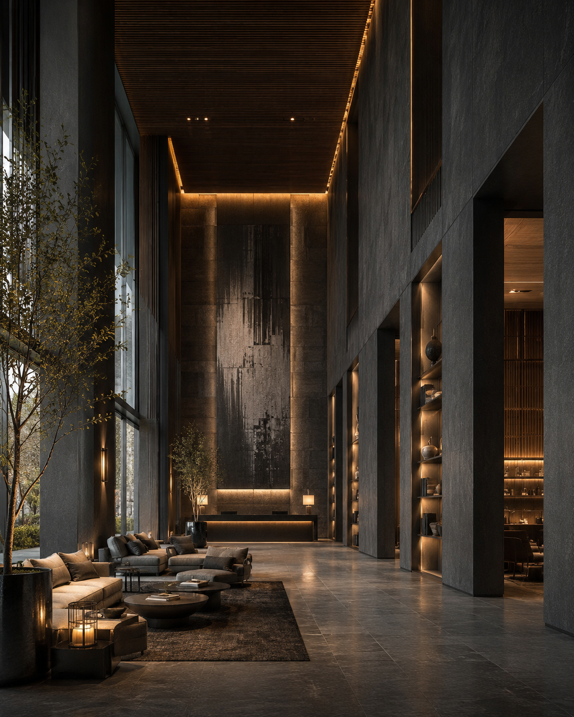 Luxury hotel grand lobby interior with double-height space, lounge seating and architectural lighting