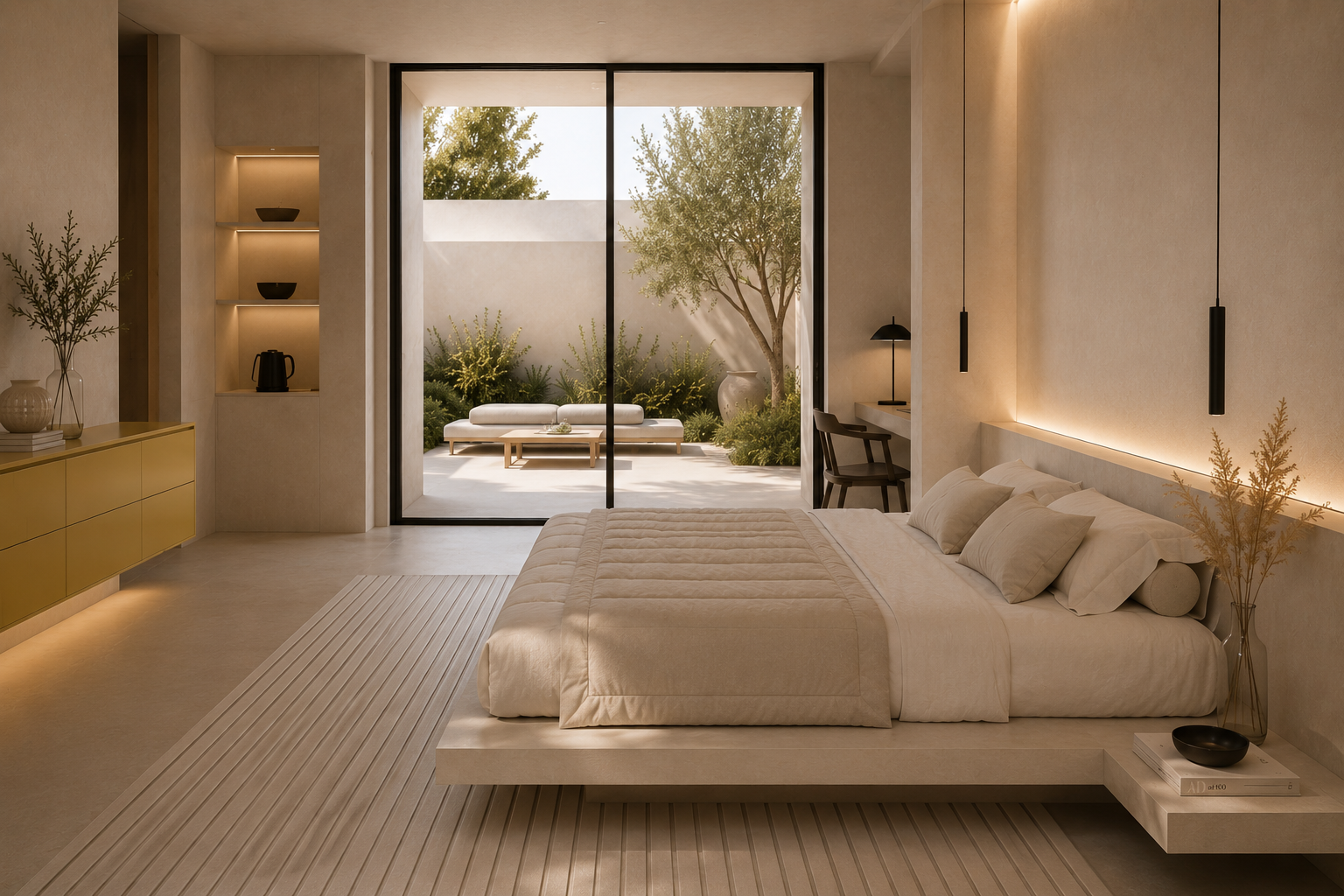 Mediterranean hotel bedroom with minimalist interior design and private garden terrace