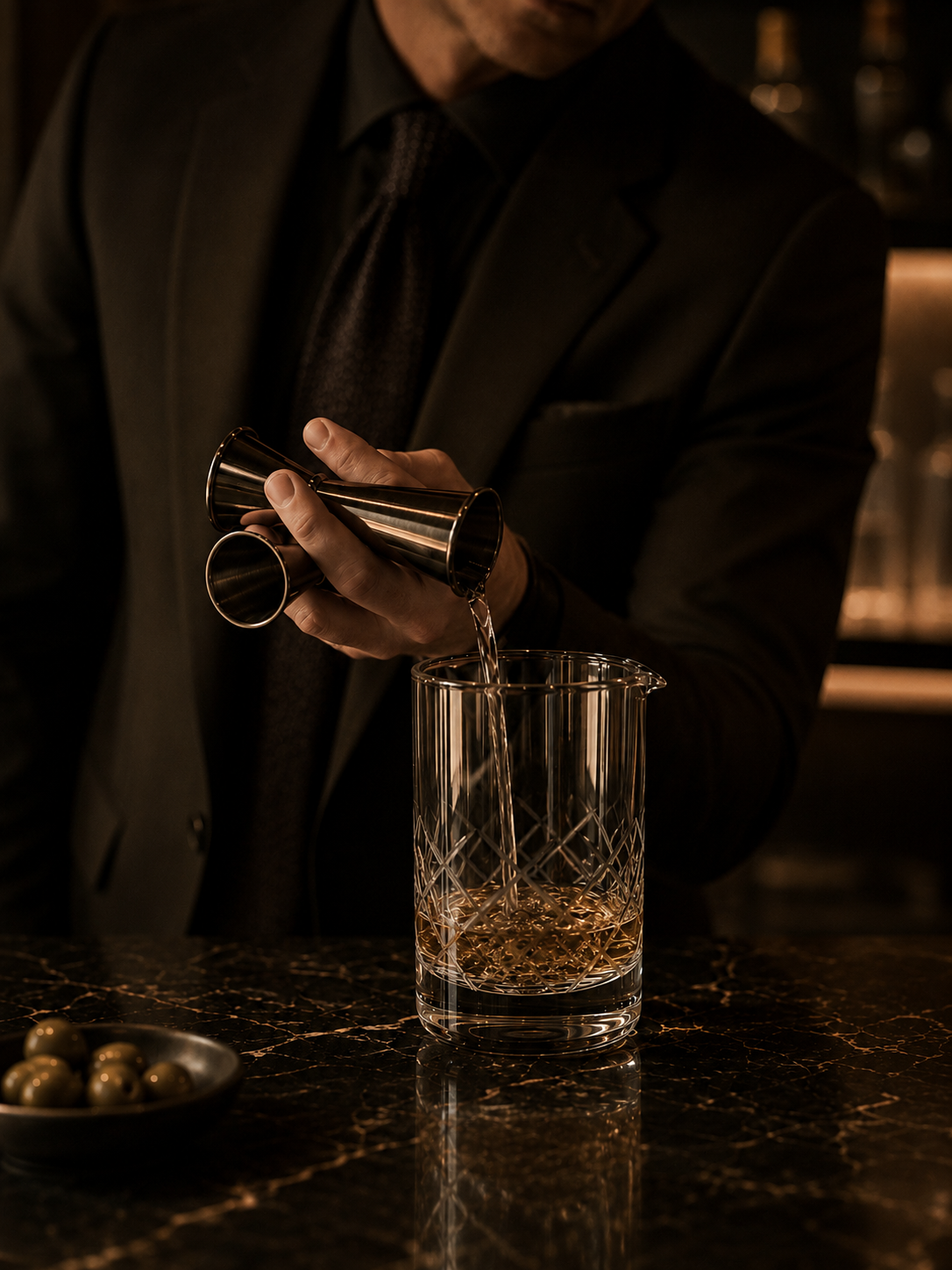 Bartender preparing a cocktail in a luxury hotel bar with premium finishes