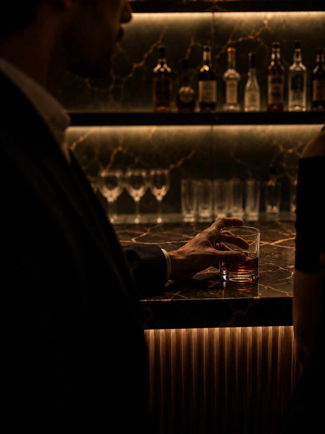 Luxury hotel bar detail with marble counter, premium finishes and atmospheric lighting