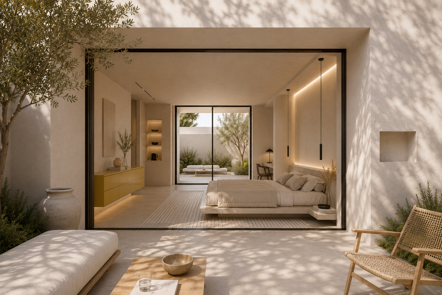 Premium Mediterranean hotel room opening onto a private terrace with natural materials and outdoor seating