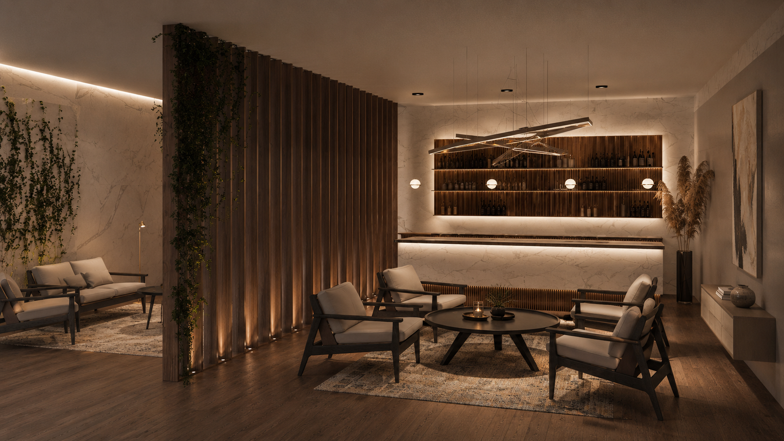 Zen VIP airport lounge interior design concept with premium seating and warm ambient lighting