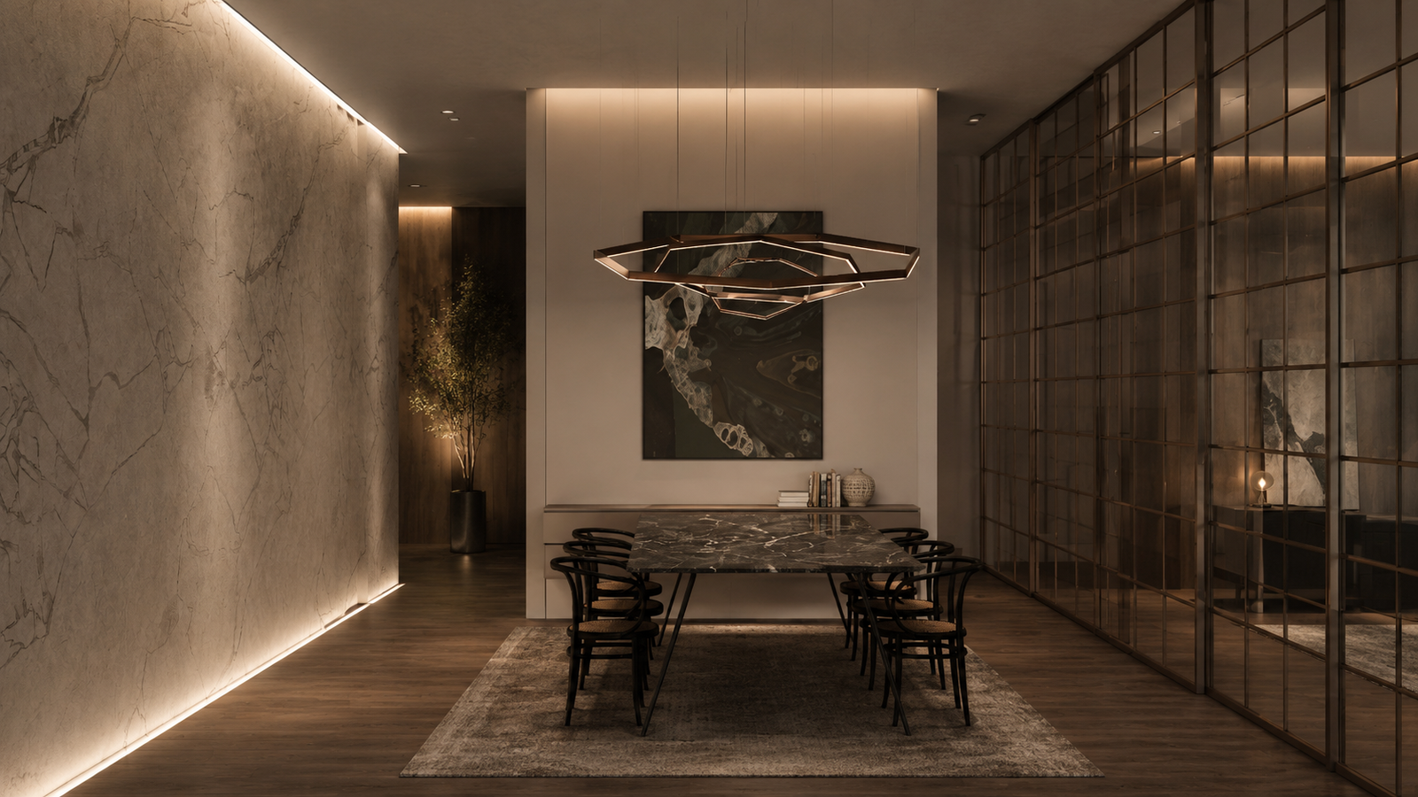 Elegant dining area in a Zen VIP airport lounge concept with architectural lighting and natural materials