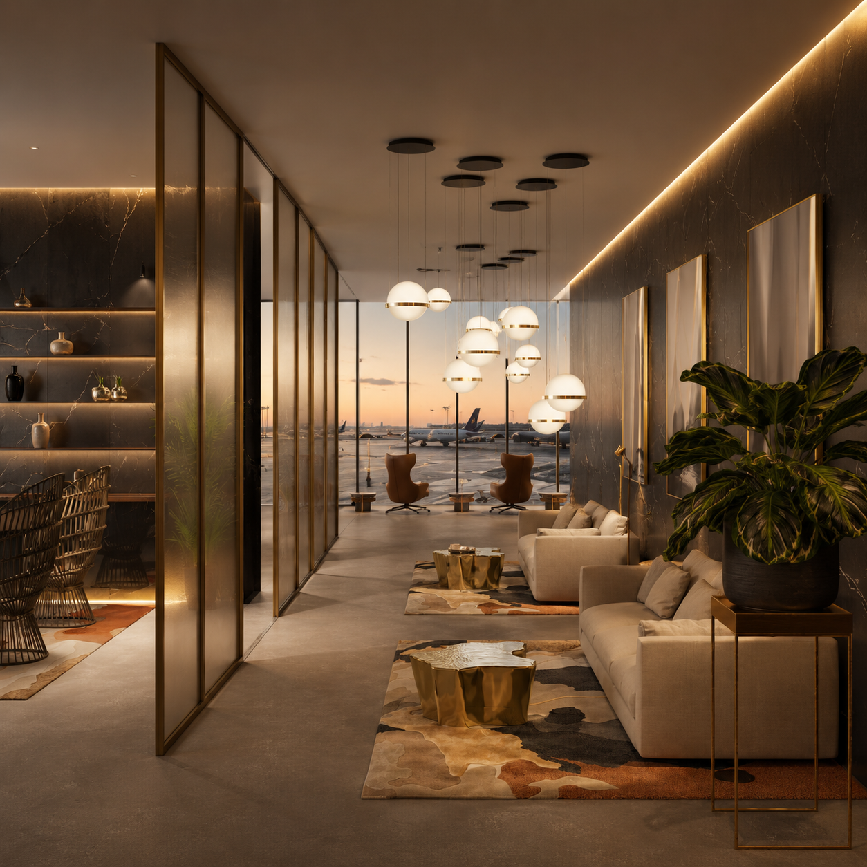 Luxury VIP airport lounge interior with runway views and premium seating by Indy Blue Studio