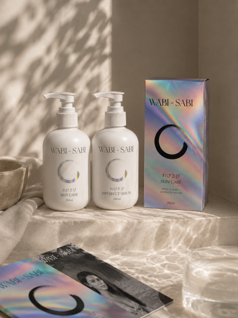 Wabi-Sabi skincare collection and iridescent packaging concept by Indy Blue Studio