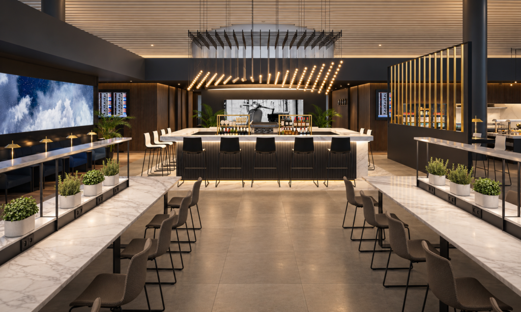 Bar and communal seating area inside the Star Alliance Lounge at Rome Fiumicino Airport by Indy Blue Studio