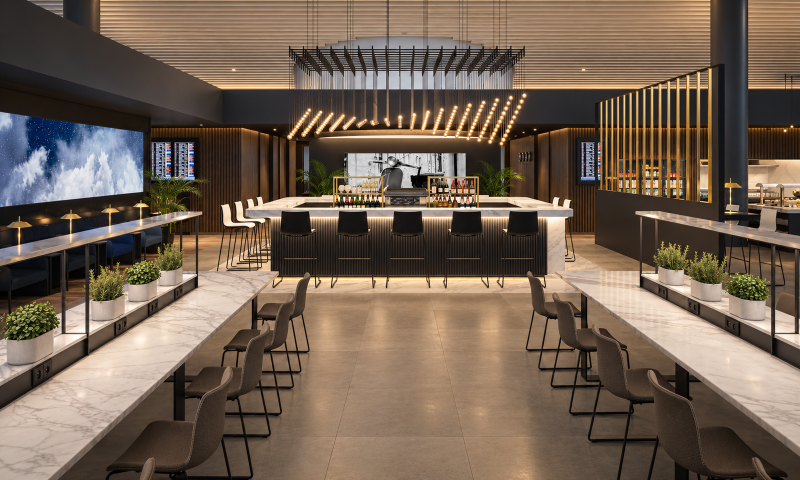 Bar and communal seating area inside the Star Alliance Lounge at Rome Fiumicino Airport by Indy Blue Studio